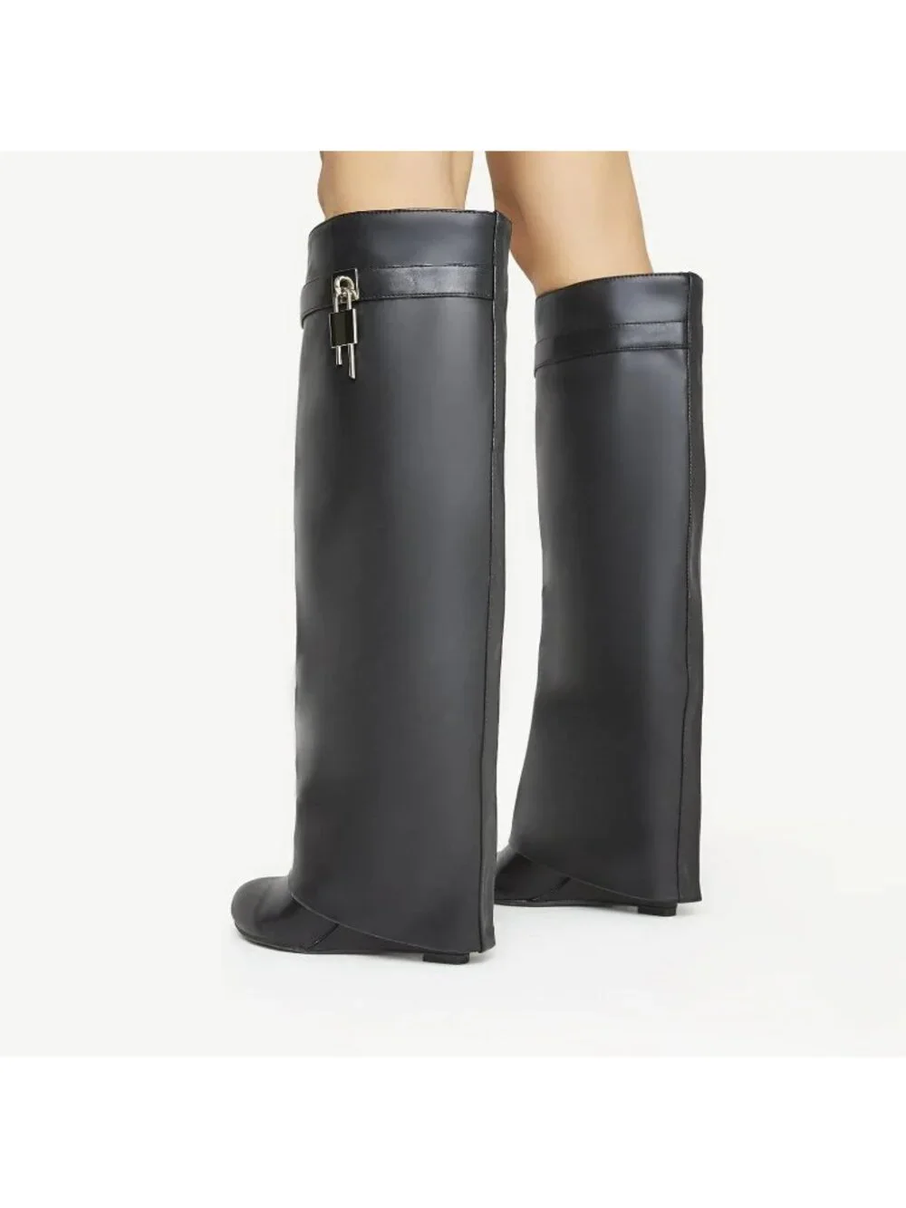 Women's Black Fold Over Wide Calf Wedge Heel Knee High With Decorative Lock Boot